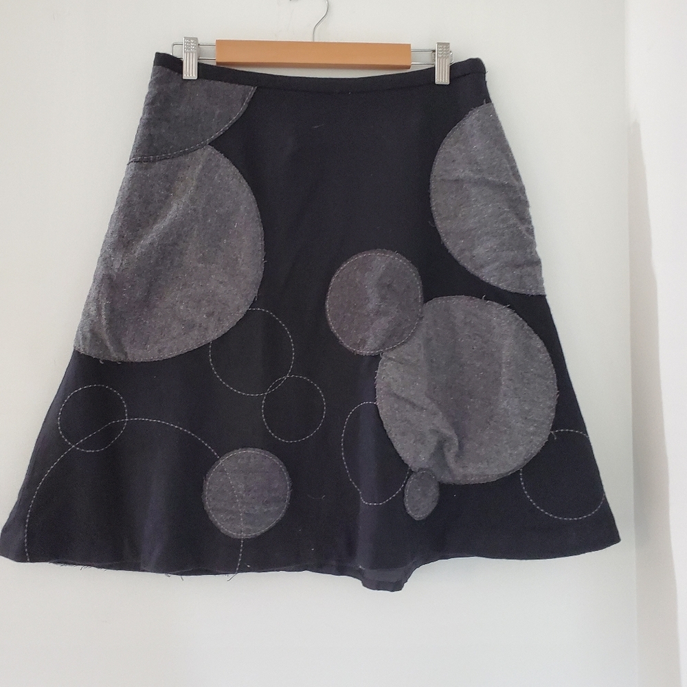 BODEN Sz 14R Black Gray Wool Blend A-Line 22" Skirt Side Zip Circle Patch Preppy